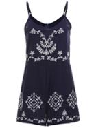 Romwe Navy Spaghetti Strap Embroidered Jumpsuit