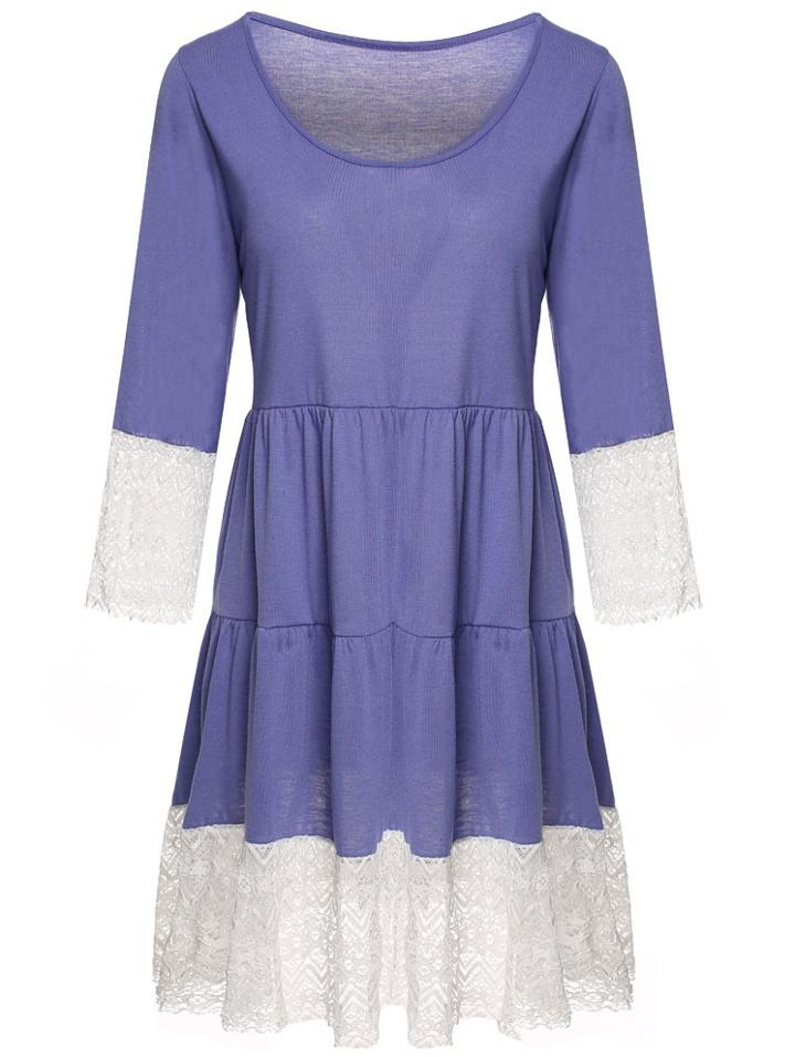Romwe Round Neck Contrast Lace Shift Purple Dress