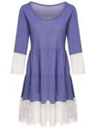 Romwe Round Neck Contrast Lace Shift Purple Dress