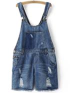 Romwe Blue Pockets Buttons Ripped Hole Denim Strap Romper