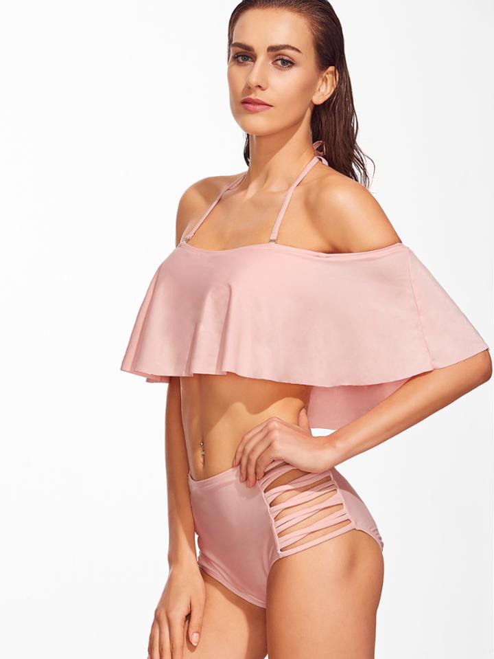 Romwe Pink Off The Shoulder Criss Cross High Waist Bikini Set
