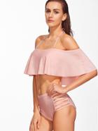 Romwe Pink Off The Shoulder Criss Cross High Waist Bikini Set