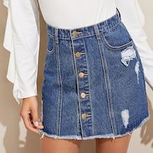 Romwe Ripped Detail Button Up Denim Skirt
