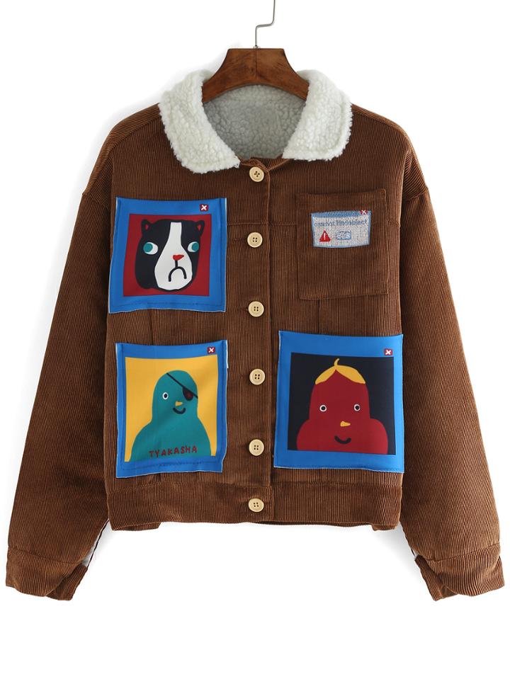 Romwe Lapel Cartoon Print Pockets Coat