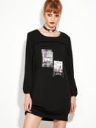 Romwe Black Graphic Patches Long Sleeve Sweater Dress