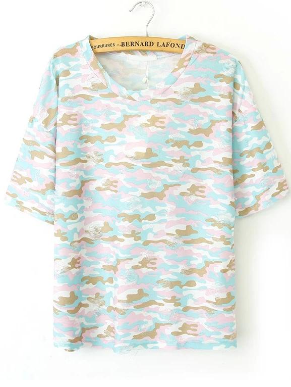 Romwe Round Neck Camouflage Ripped T-shirt