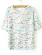Romwe Round Neck Camouflage Ripped T-shirt