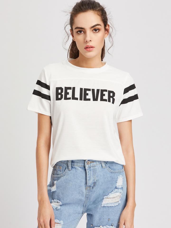 Romwe Believer Print Striped Tee