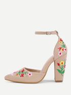 Romwe Calico Embroidery Pointed Toe Denim Heels
