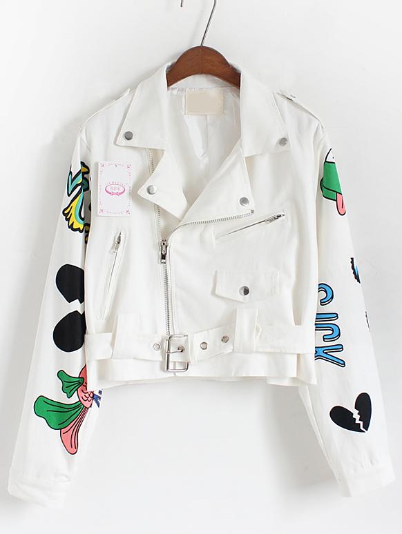 Romwe Lapel With Zipper Cartoon Print Coat