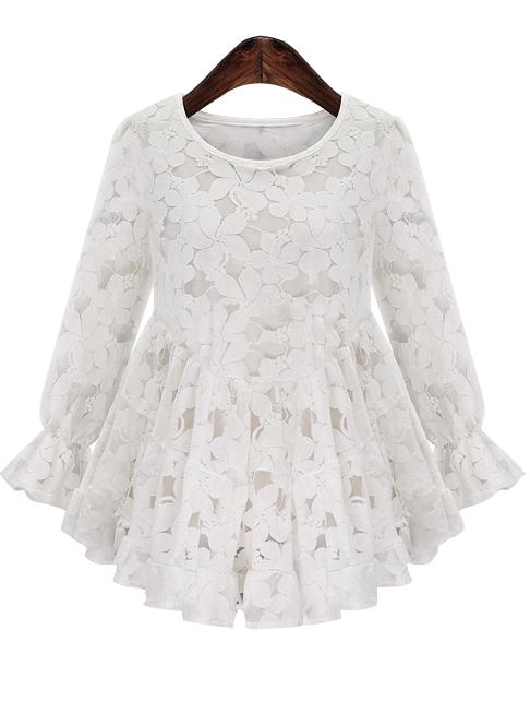 Romwe White Round Neck Pleated Lace Blouse