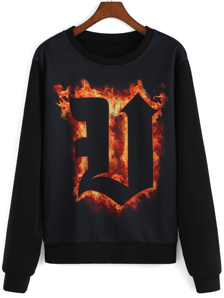 Romwe Round Neck Fire Print Sweatshirt