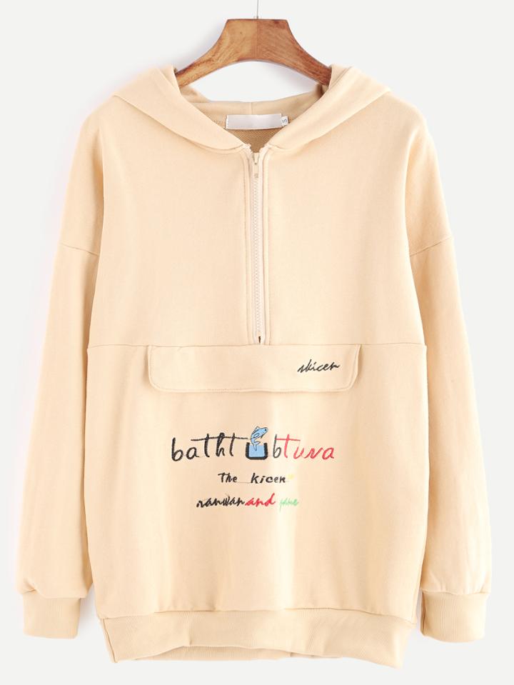 Romwe Apricot Dropped Shoulder Seam Zipper Front Embroidered Hooded Sweatshirt