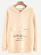 Romwe Apricot Dropped Shoulder Seam Zipper Front Embroidered Hooded Sweatshirt