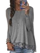 Romwe Long Sleeve Crochet Loose T-shirt
