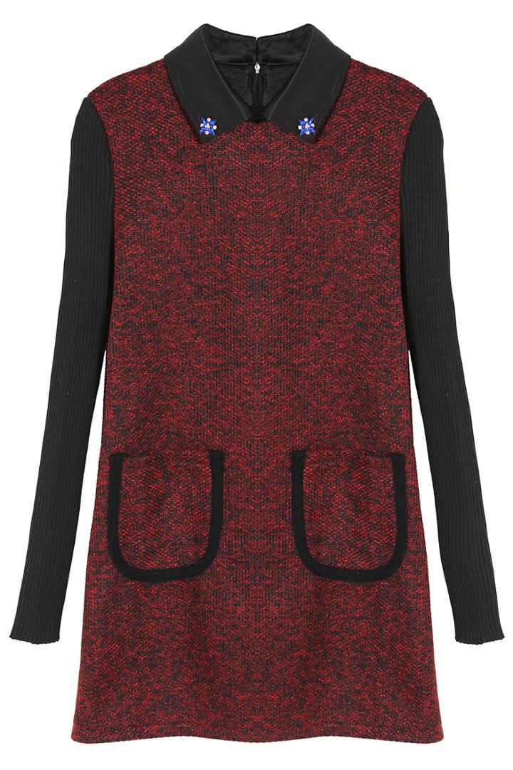 Romwe Contrast Knit Pockets Red Dress