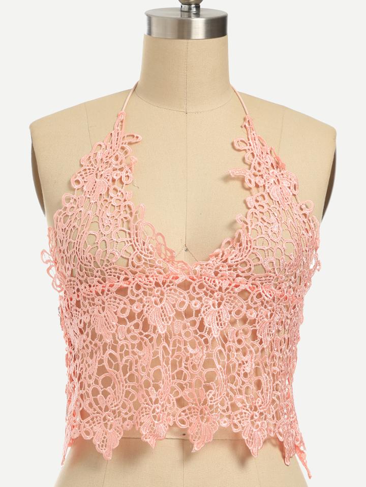 Romwe Pink Lace Crochet Hollow Out Top With Zipper
