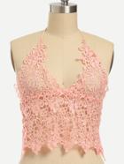 Romwe Pink Lace Crochet Hollow Out Top With Zipper
