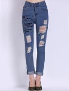 Romwe High Waist Letter Print Ripped Denim Pant