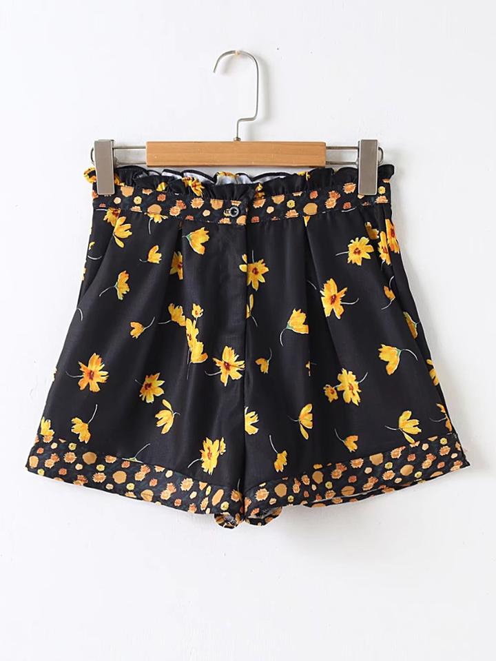 Romwe Flower Print Frill Trim Shorts