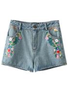 Romwe Light Blue Embroidery Pocket Zipper Denim Shorts
