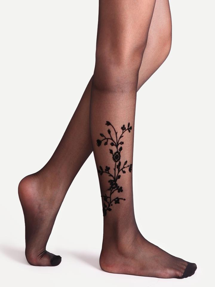 Romwe Black Flocking Flower High Stretch Sheer Pantyhose Stockings