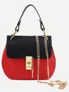Romwe Contrast Faux Leather Handle Saddle Bag With Chain