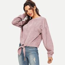 Romwe Knot Front Solid Cord Sweatshirt