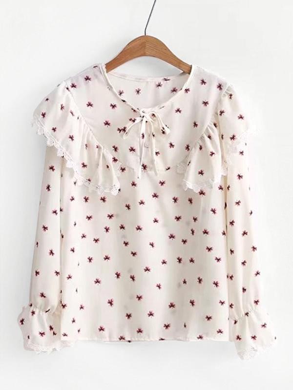 Romwe Lace Trim Calico Print Blouse