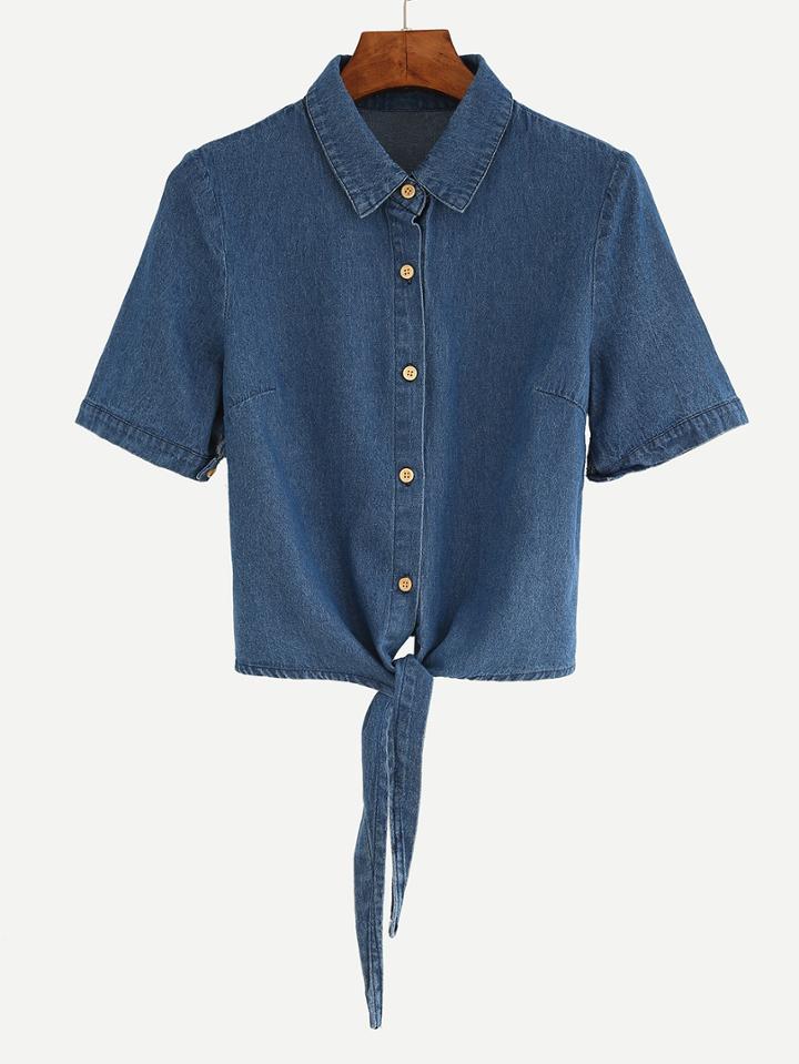 Romwe Blue Knotted Denim Blouse