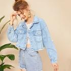 Romwe Ripped Raw Hem Flakes Crop Denim Jacket