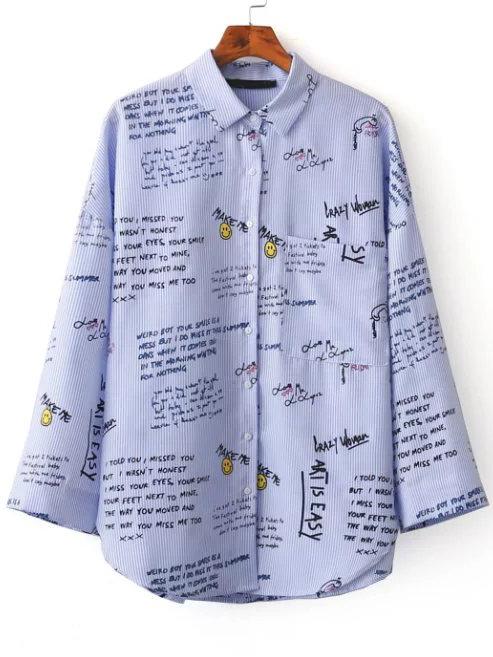 Romwe Blue Vertical Striped Letter Print Curved Hem Blouse