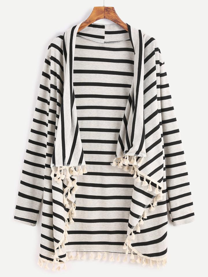 Romwe Light Grey Striped Fringe Trim Coat