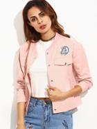 Romwe Pink Letter Print Ribbed Neck Drop Shoulder Jacket