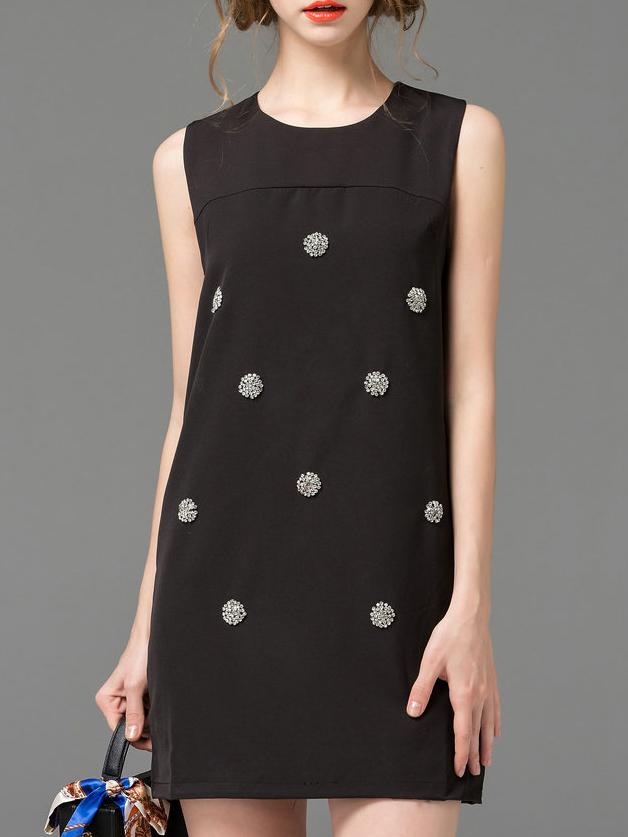 Romwe Black Crew Neck Beading Shift Dress