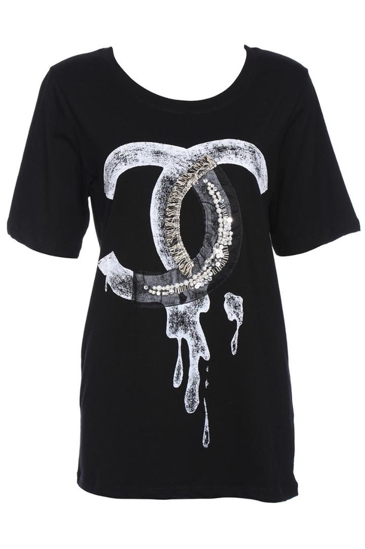 Romwe Romwe Melting Double C Black Short-sleeved T-shirt
