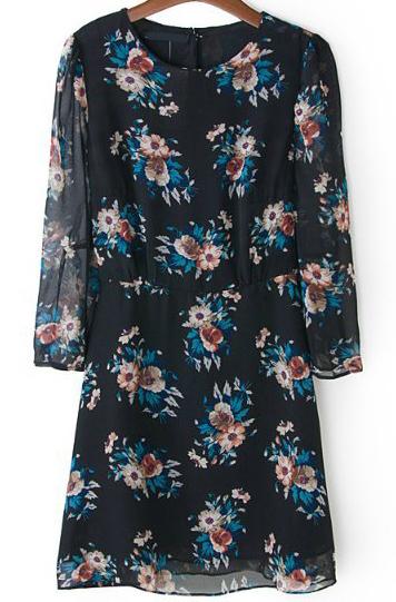 Romwe Blue Long Sleeve Floral Chiffon Dress