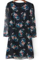 Romwe Blue Long Sleeve Floral Chiffon Dress