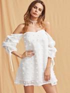 Romwe Self Tie Ruched Sleeve Frayed Jacquard Sweetheart Dress