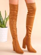 Romwe Light Brown Point Toe Thigh High Chunky Heel Suede Boots