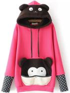 Romwe Hooded Bear Pattern Polka Dot Rose Red Sweatshirt