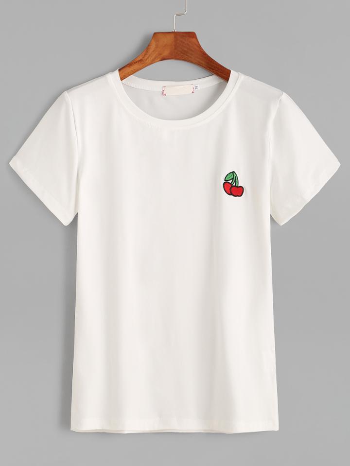Romwe White Cherry Embroidered T-shirt