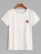 Romwe White Cherry Embroidered T-shirt