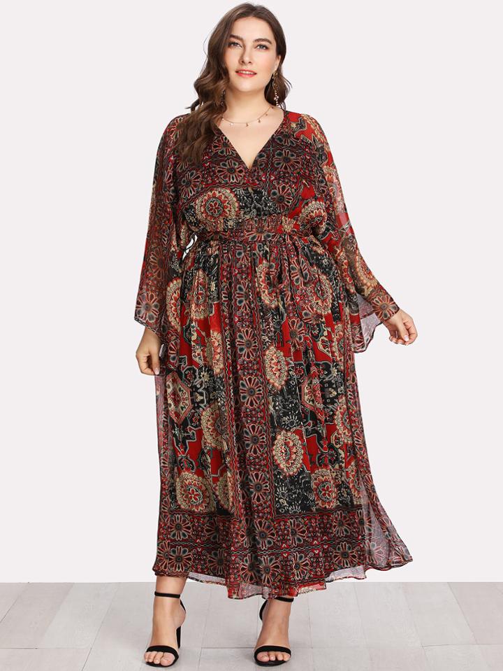 Romwe Shirred Waist Surplice Wrap Dress