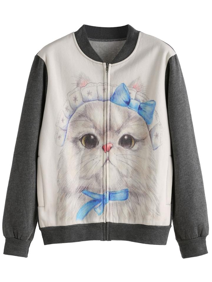 Romwe Contrast Cat Print Zip Up Pocket Sweatshirt