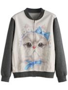 Romwe Contrast Cat Print Zip Up Pocket Sweatshirt