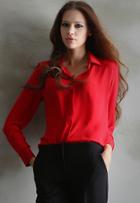 Romwe Lapel Loose Chiffon Red Blouse