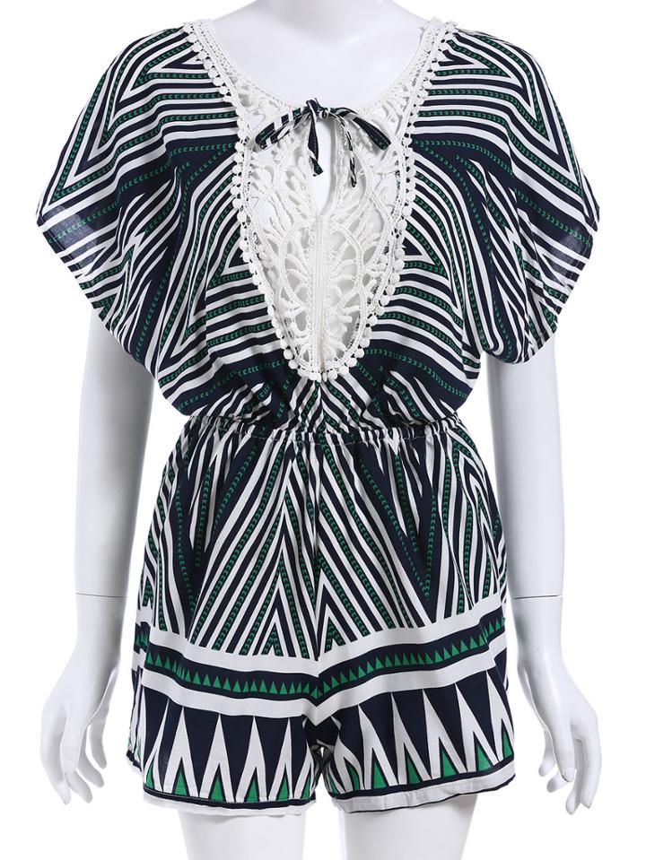 Romwe Tie-neck Striped Hollow Jumpsuit