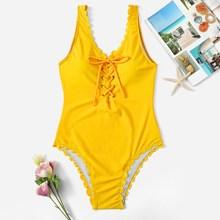 Romwe Scalloped Trim Lace-up Low Back One Piece Swimsuit