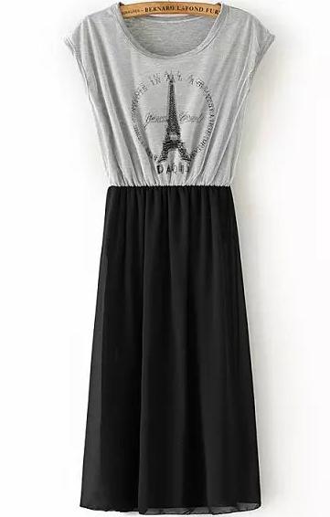 Romwe Tower Print Pleated Grey Dress
